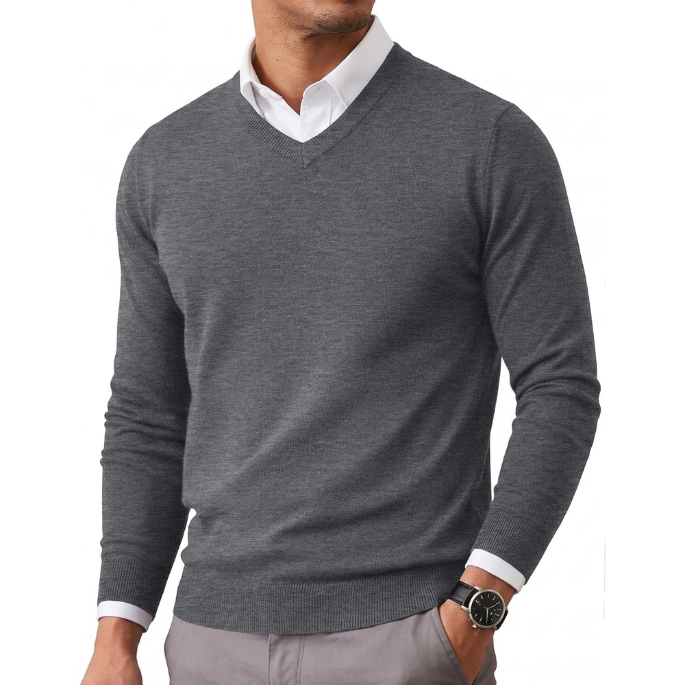image:imageCOOFANDY Mens Casual V Neck Sweater Knit Slim Fit Long Sleeve Pullover TopGrey