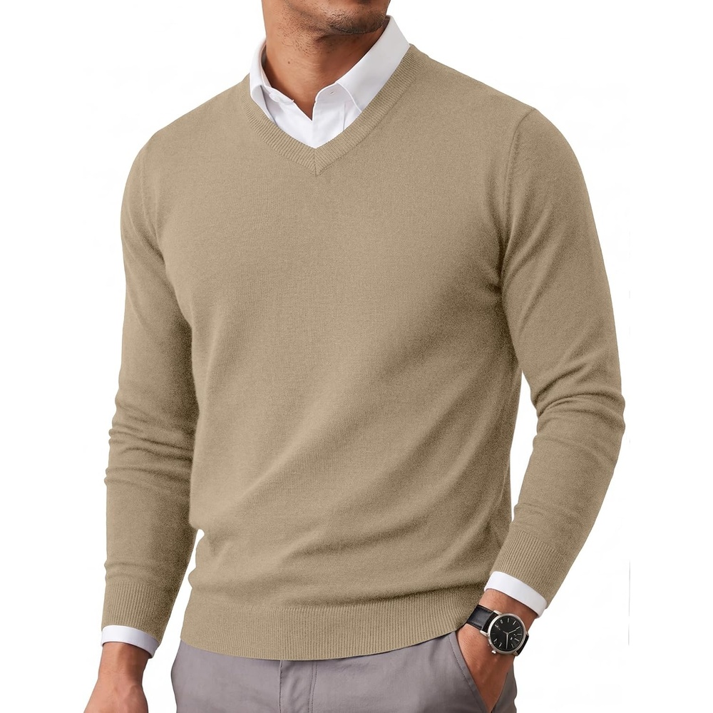 image:imageCOOFANDY Mens Casual V Neck Sweater Knit Slim Fit Long Sleeve Pullover TopKhaki