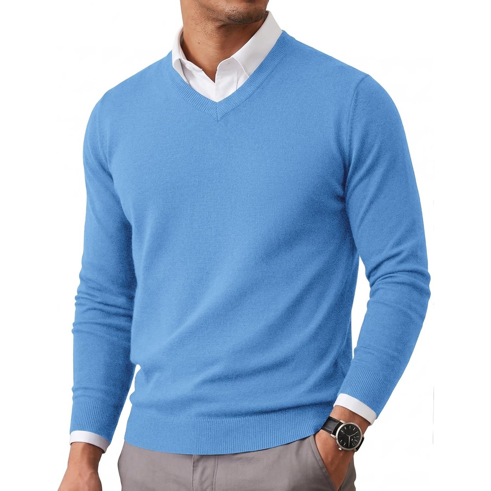 image:imageCOOFANDY Mens Casual V Neck Sweater Knit Slim Fit Long Sleeve Pullover TopLight Blue