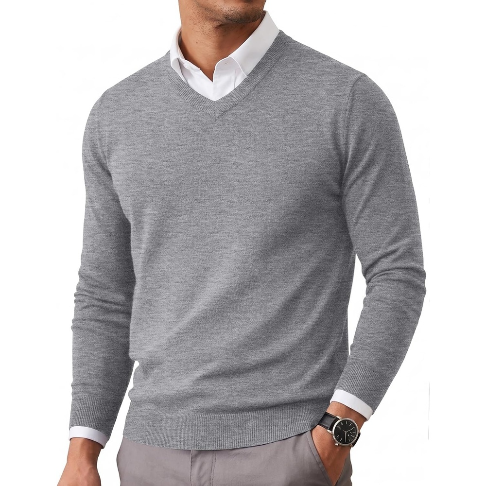 image:imageCOOFANDY Mens Casual V Neck Sweater Knit Slim Fit Long Sleeve Pullover TopLight Grey