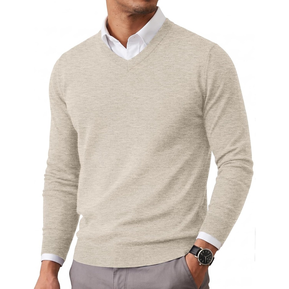 image:imageCOOFANDY Mens Casual V Neck Sweater Knit Slim Fit Long Sleeve Pullover TopLight Khaki