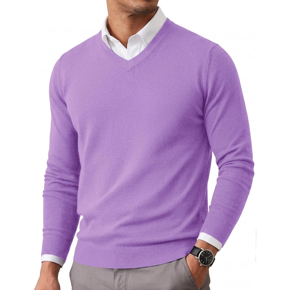 image:imageCOOFANDY Mens Casual V Neck Sweater Knit Slim Fit Long Sleeve Pullover TopPurple