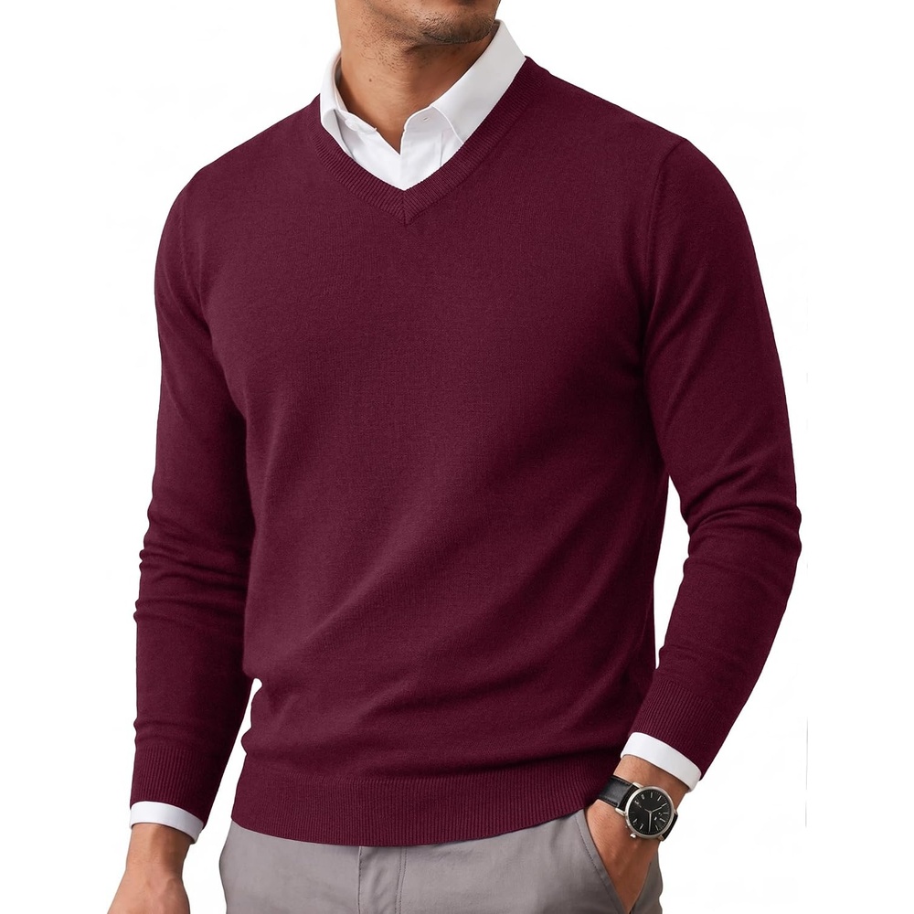 image:imageCOOFANDY Mens Casual V Neck Sweater Knit Slim Fit Long Sleeve Pullover TopRed