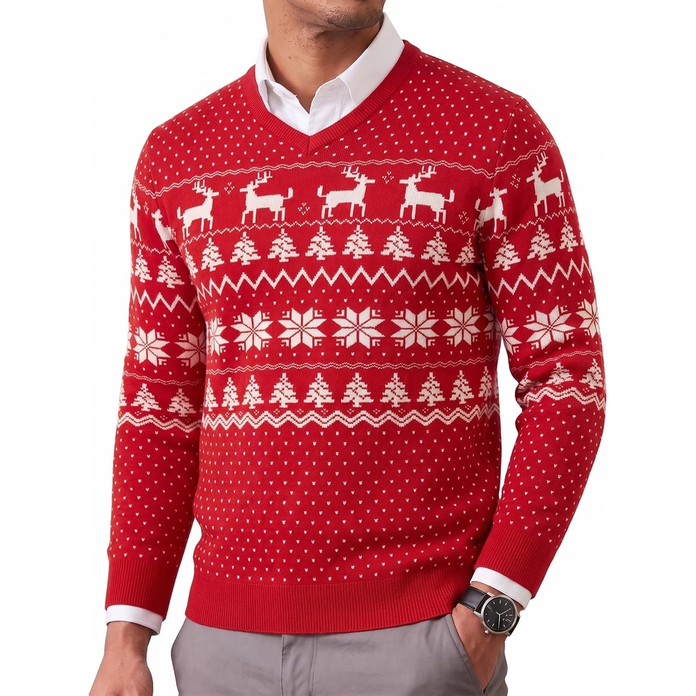 image:imageCOOFANDY Mens Casual V Neck Sweater Knit Slim Fit Long Sleeve Pullover TopRedwhite
