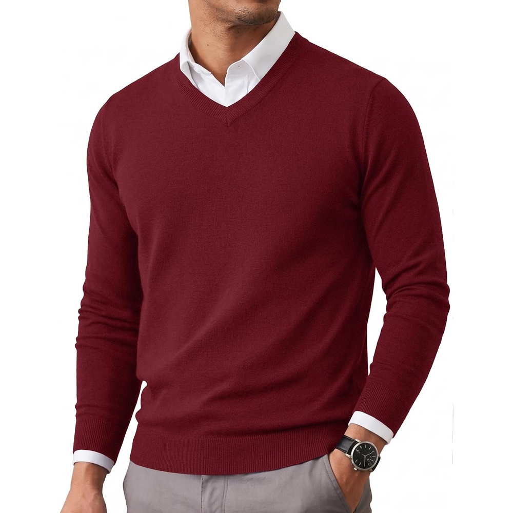 image:imageCOOFANDY Mens Casual V Neck Sweater Knit Slim Fit Long Sleeve Pullover TopWine Red