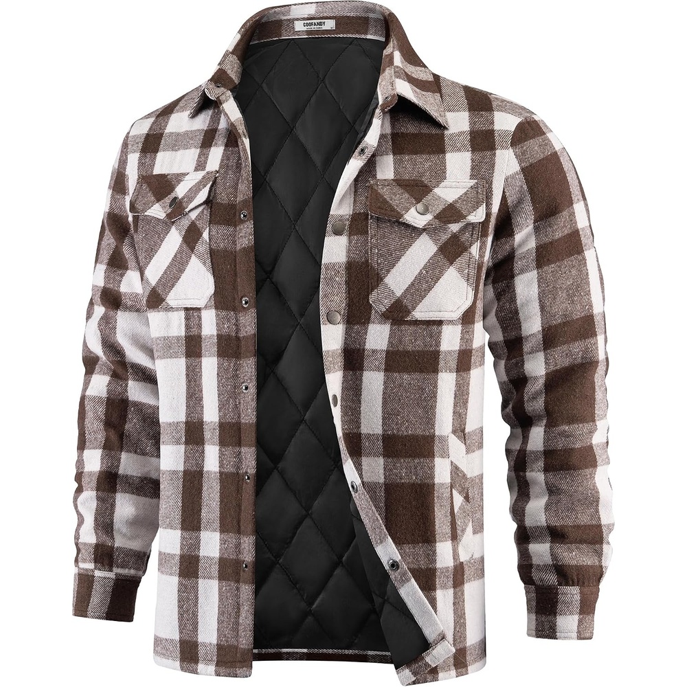 image:imageCOOFANDY Mens Flannel Shirt Jacket Quilted Lined Plaid Jacket Warm ShacketsCoffee
