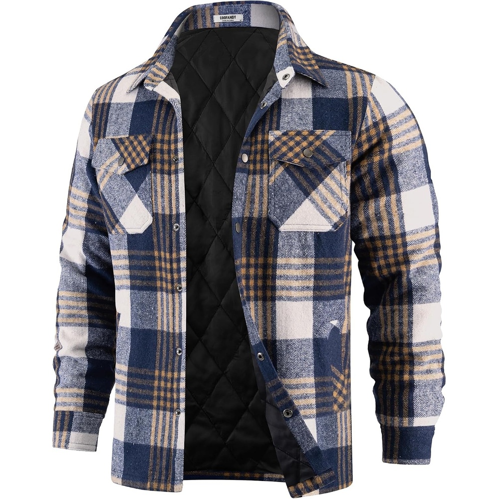 image:imageCOOFANDY Mens Flannel Shirt Jacket Quilted Lined Plaid Jacket Warm ShacketsDark Blue