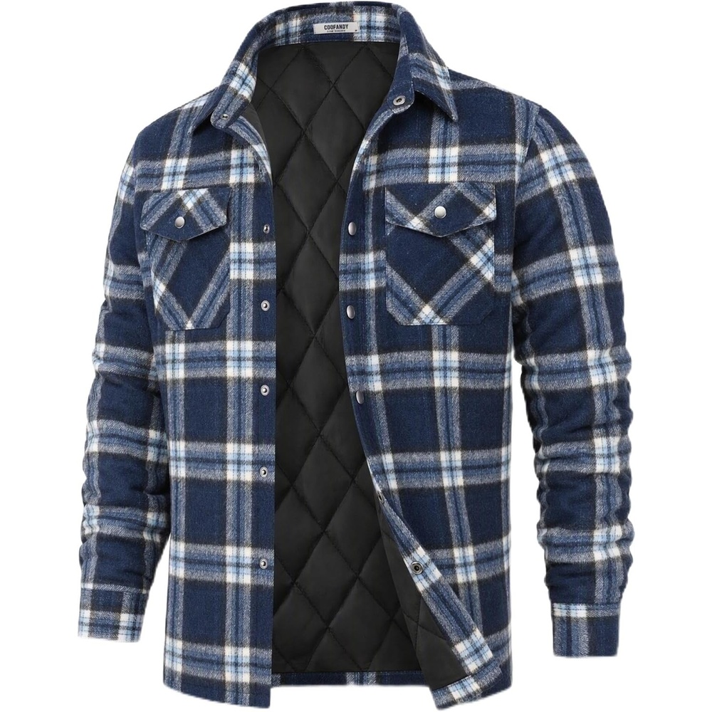 image:imageCOOFANDY Mens Flannel Shirt Jacket Quilted Lined Plaid Jacket Warm ShacketsDark Blue Plaid