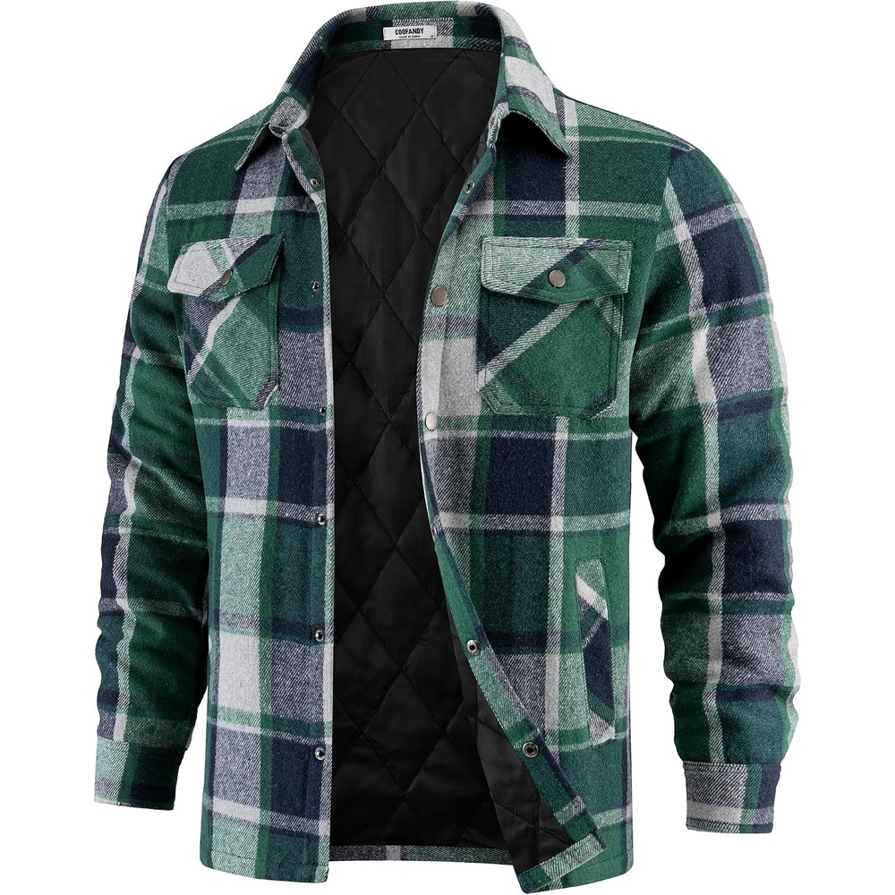 image:imageCOOFANDY Mens Flannel Shirt Jacket Quilted Lined Plaid Jacket Warm ShacketsGreen