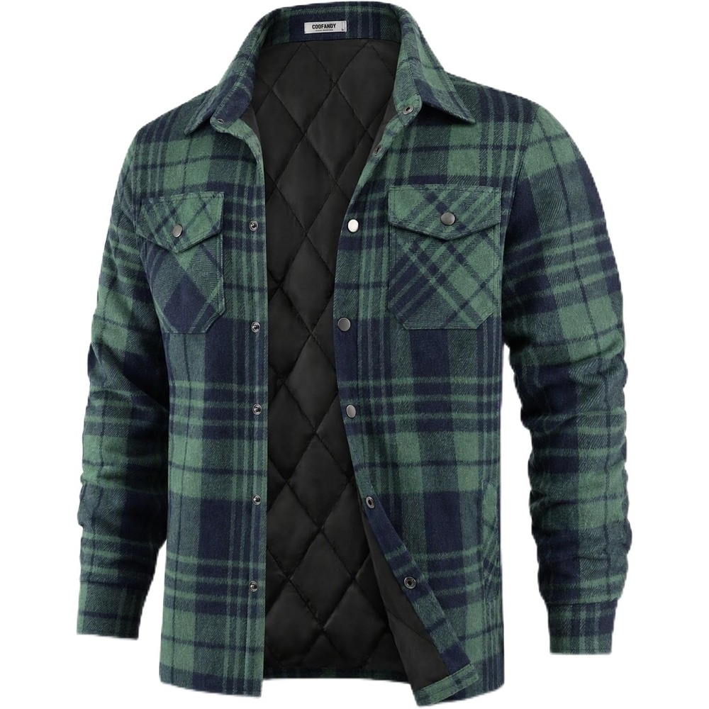 image:imageCOOFANDY Mens Flannel Shirt Jacket Quilted Lined Plaid Jacket Warm ShacketsNavy Blue Green Plaid