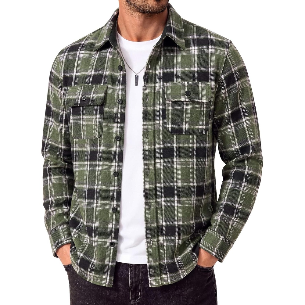 image:imageCOOFANDY Mens Flannel Shirts Long Sleeve Cotton Plaid Shirt Jacket Casual Button Down Shirt with PocketsBlack Green