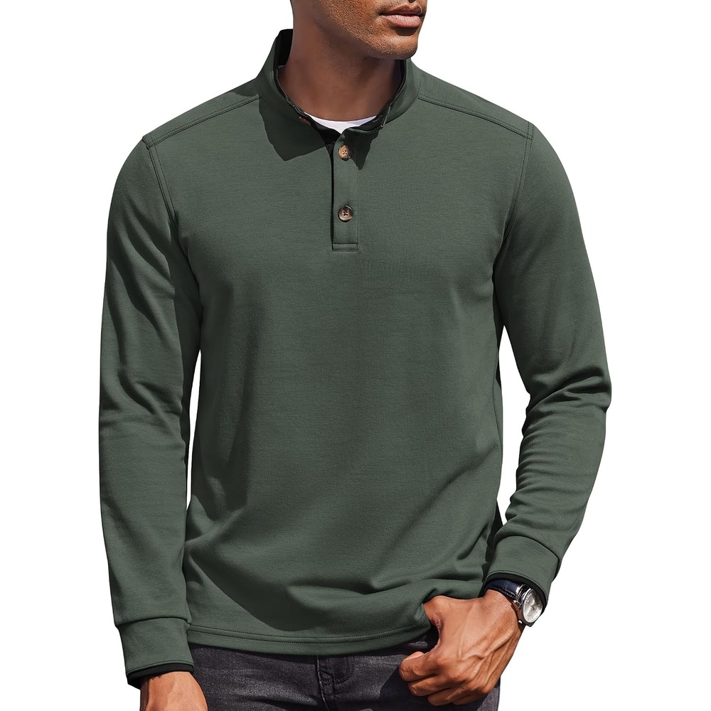 image:imageCOOFANDY Mens Quarter Button Pullover Long Sleeve Stand Collar TShirtsArmy Green