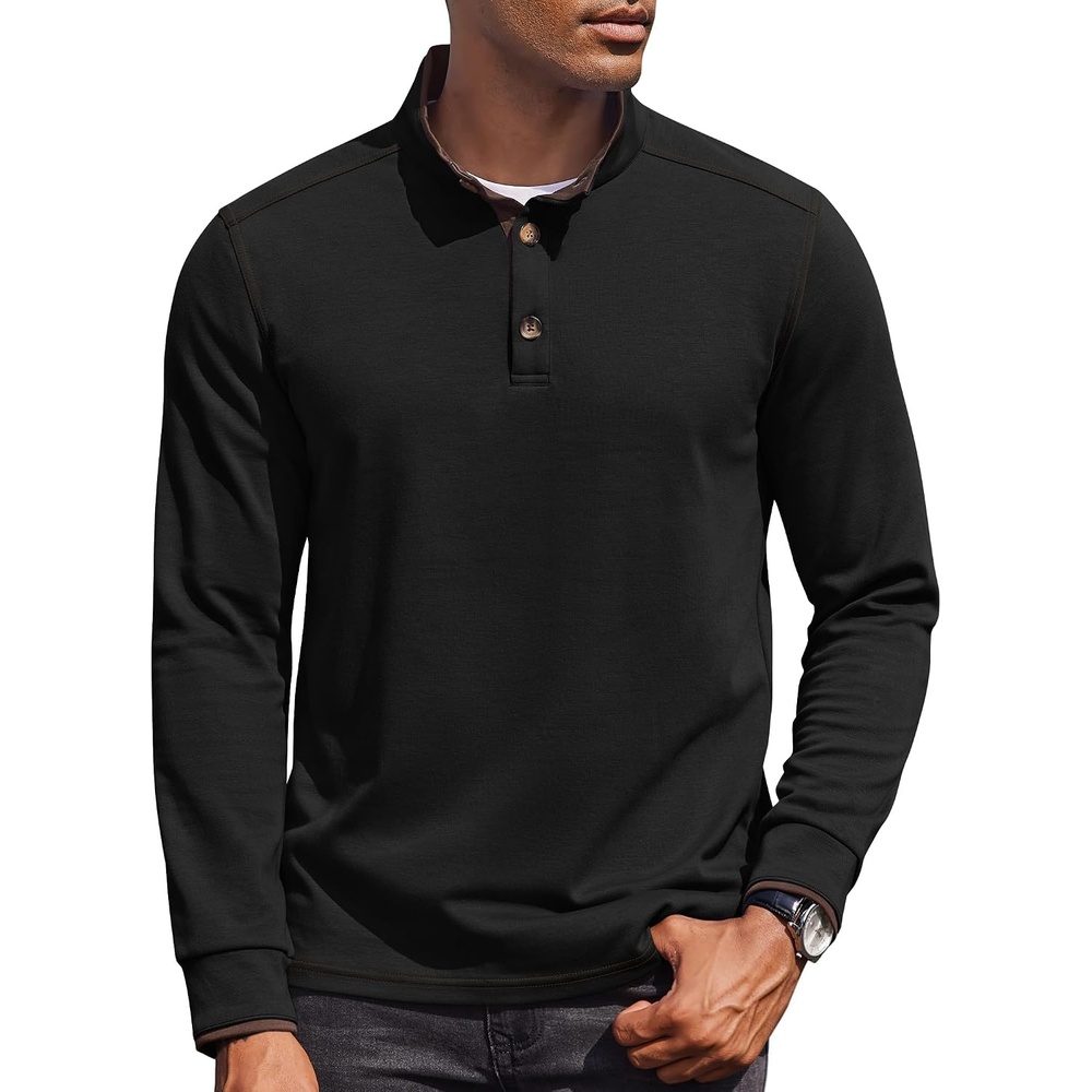 image:imageCOOFANDY Mens Quarter Button Pullover Long Sleeve Stand Collar TShirtsBlack