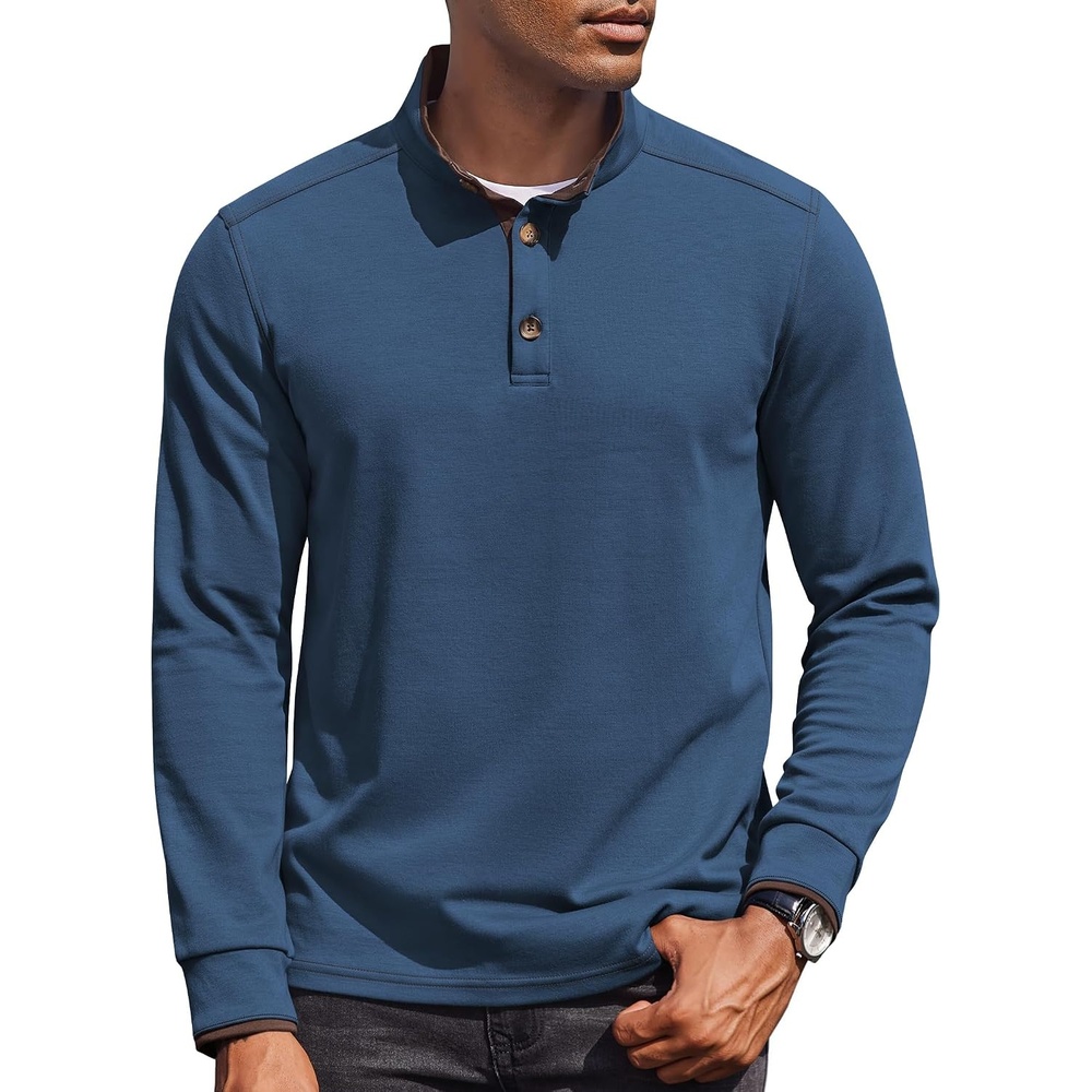 image:imageCOOFANDY Mens Quarter Button Pullover Long Sleeve Stand Collar TShirtsDark Blue