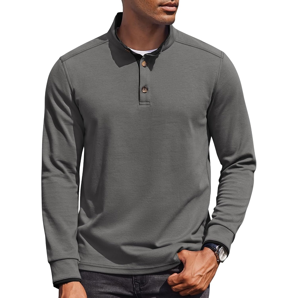 image:imageCOOFANDY Mens Quarter Button Pullover Long Sleeve Stand Collar TShirtsDark Grey