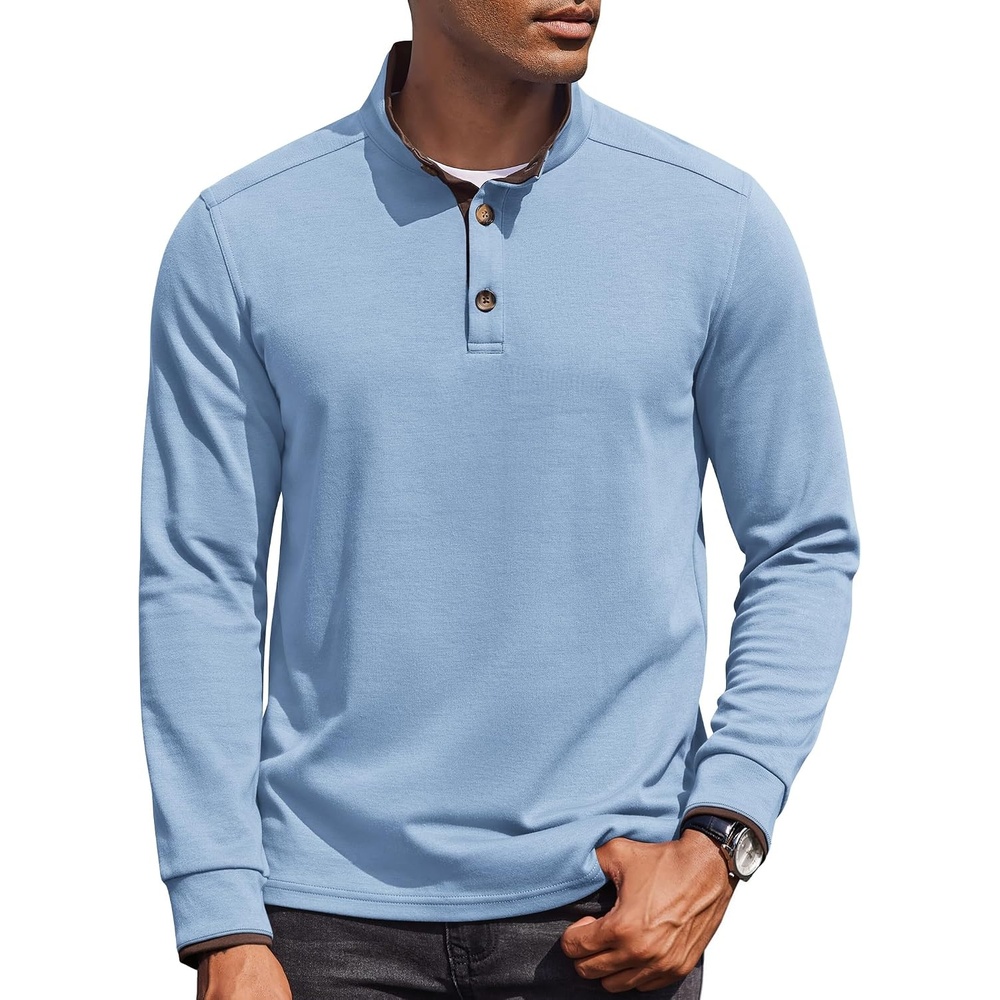 image:imageCOOFANDY Mens Quarter Button Pullover Long Sleeve Stand Collar TShirtsLight Blue