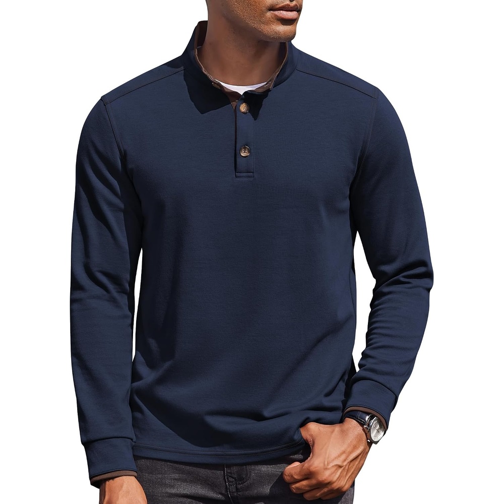 image:imageCOOFANDY Mens Quarter Button Pullover Long Sleeve Stand Collar TShirtsNavy Blue