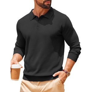 COOFANDY Long Sleeve Polo Shirts for Men Lightweight Polo Slim Fit Waffle Collared Pullover(Black)