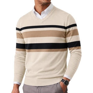 COOFANDY Mens Casual V Neck Sweater Knit Slim Fit Long Sleeve Pullover Top(Apricot Striped)