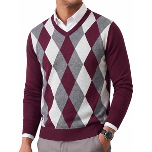 COOFANDY Mens Casual V Neck Sweater Knit Slim Fit Long Sleeve Pullover Top(Wine Red-white)