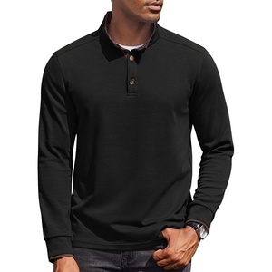 COOFANDY Men’s Quarter Button Pullover Long Sleeve Stand Collar T-Shirts(Black)