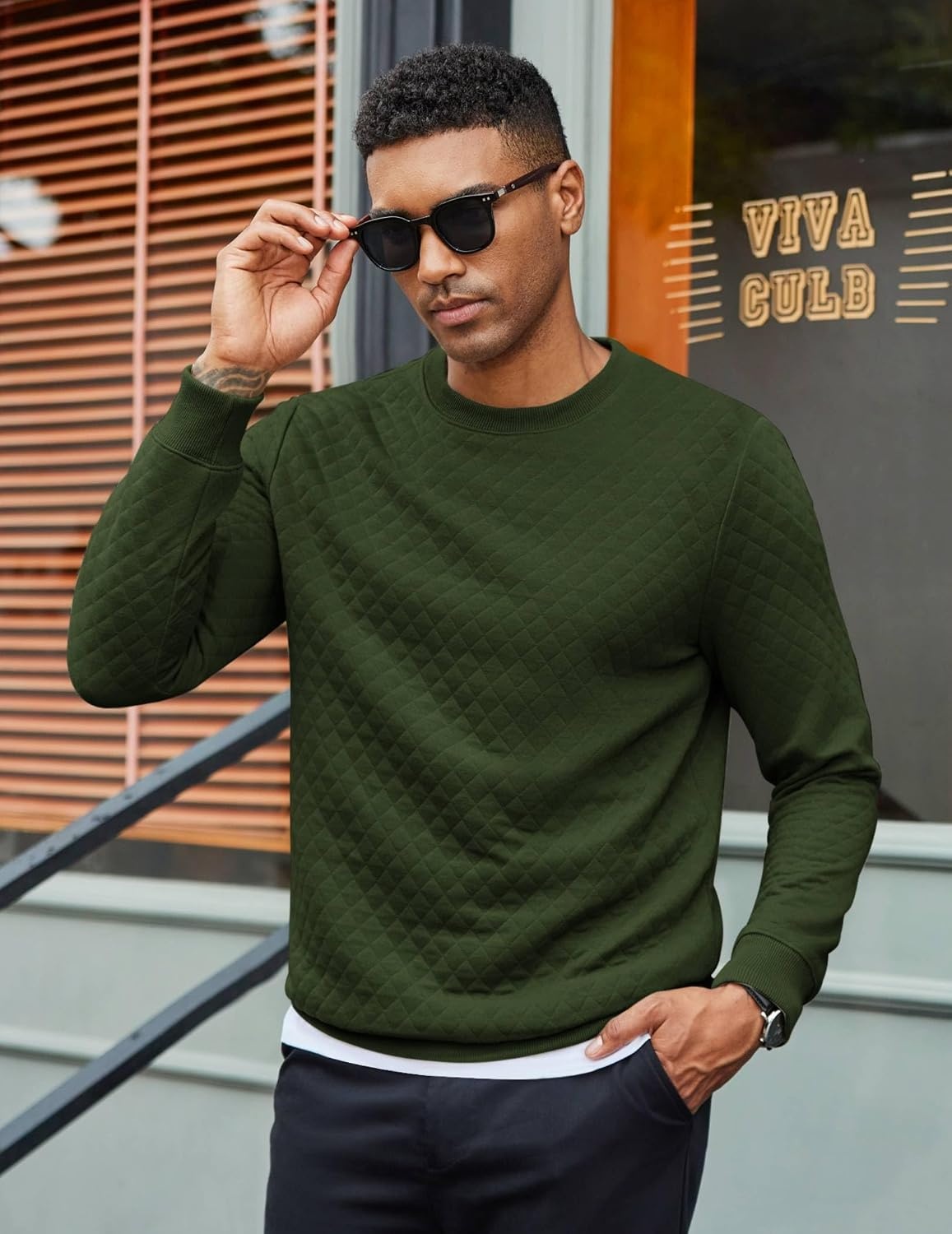 image:imageCOOFANDY Mens Crewneck Sweatshirts Long Sleeve Casual Pullovers SweatersArmy Green
