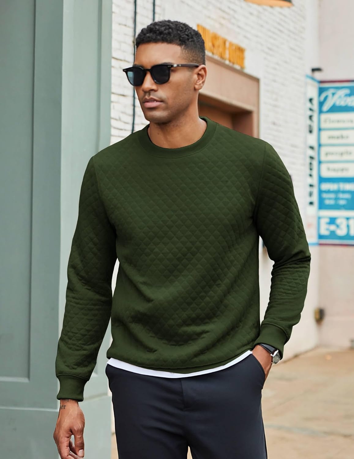 image:imageCOOFANDY Mens Crewneck Sweatshirts Long Sleeve Casual Pullovers SweatersArmy Green