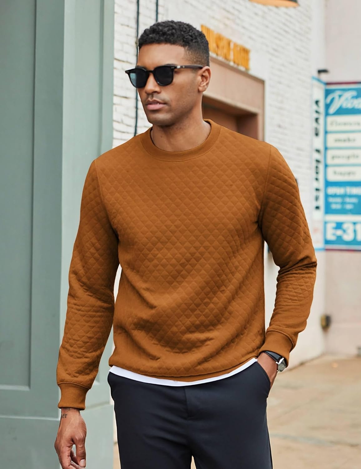 image:imageCOOFANDY Mens Crewneck Sweatshirts Long Sleeve Casual Pullovers SweatersBrown