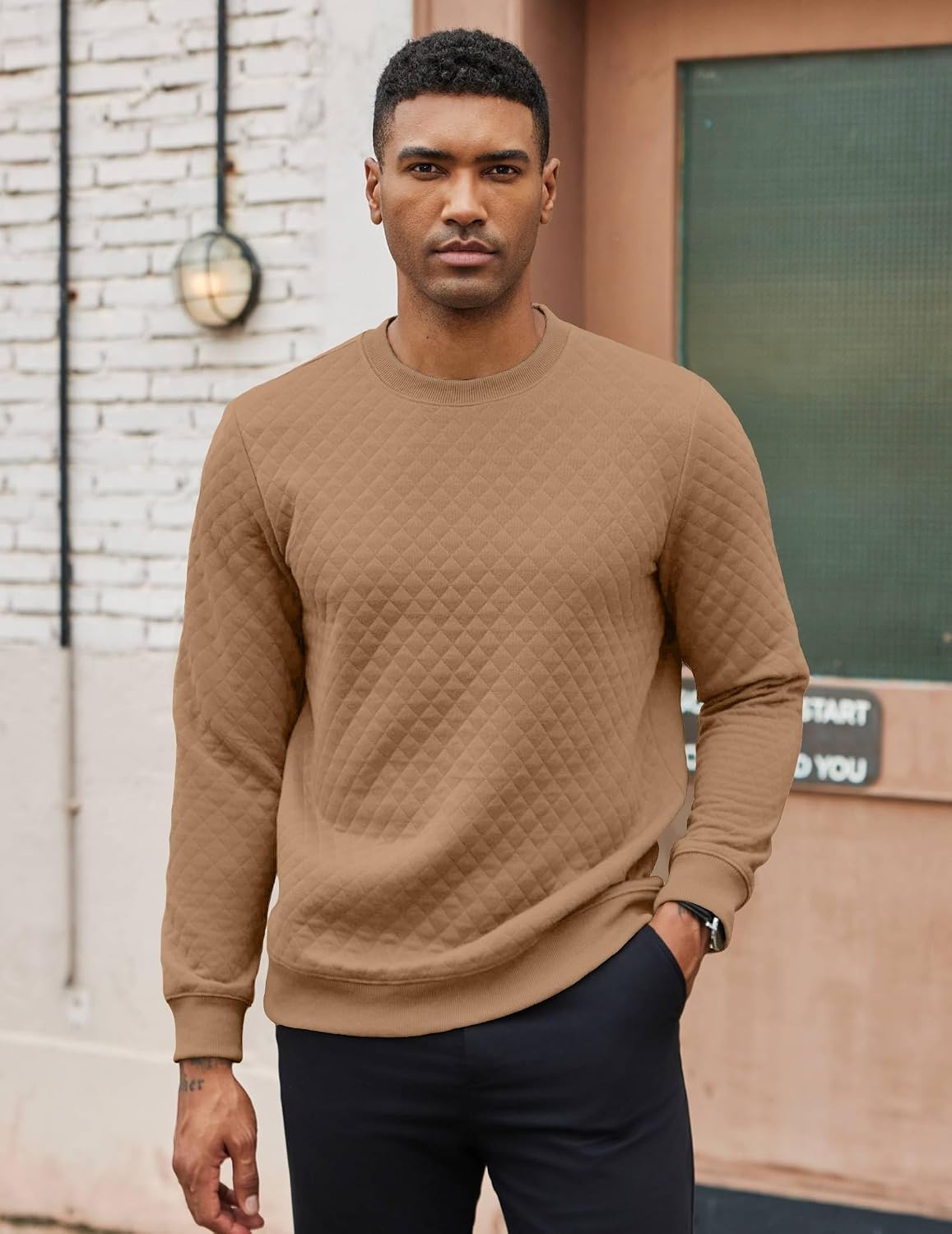 image:imageCOOFANDY Mens Crewneck Sweatshirts Long Sleeve Casual Pullovers SweatersCamel