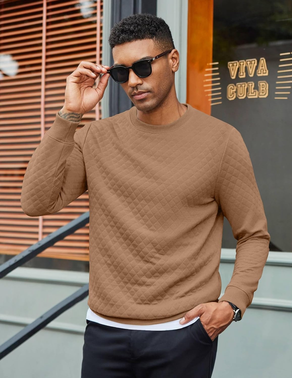 image:imageCOOFANDY Mens Crewneck Sweatshirts Long Sleeve Casual Pullovers SweatersCamel
