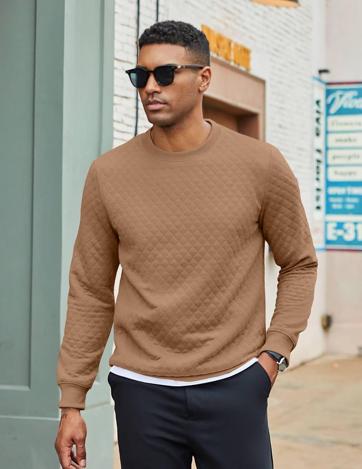 image:imageCOOFANDY Mens Crewneck Sweatshirts Long Sleeve Casual Pullovers SweatersCamel