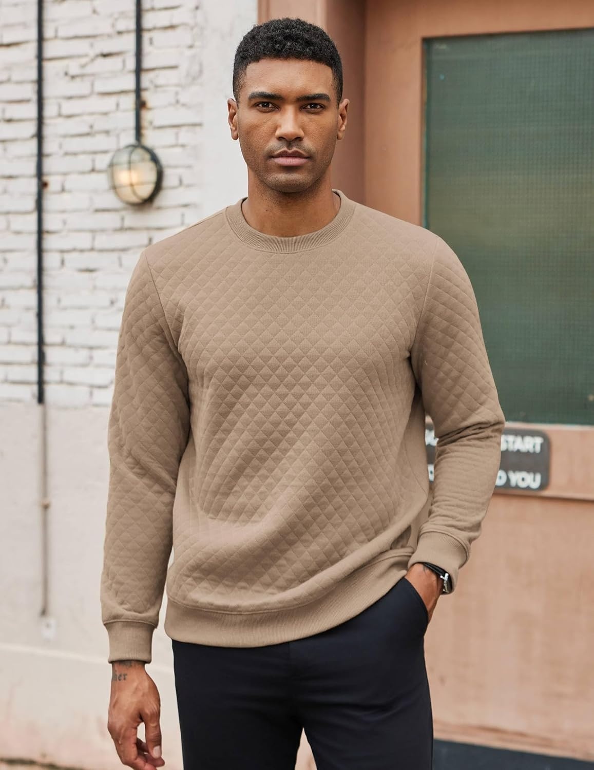 image:imageCOOFANDY Mens Crewneck Sweatshirts Long Sleeve Casual Pullovers SweatersKhaki