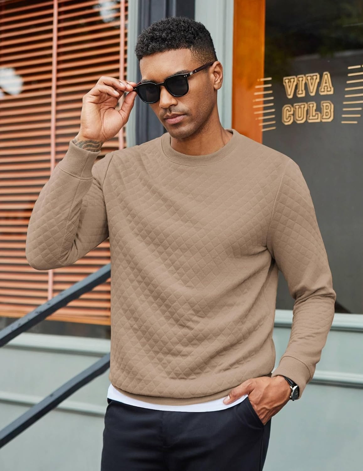 image:imageCOOFANDY Mens Crewneck Sweatshirts Long Sleeve Casual Pullovers SweatersKhaki