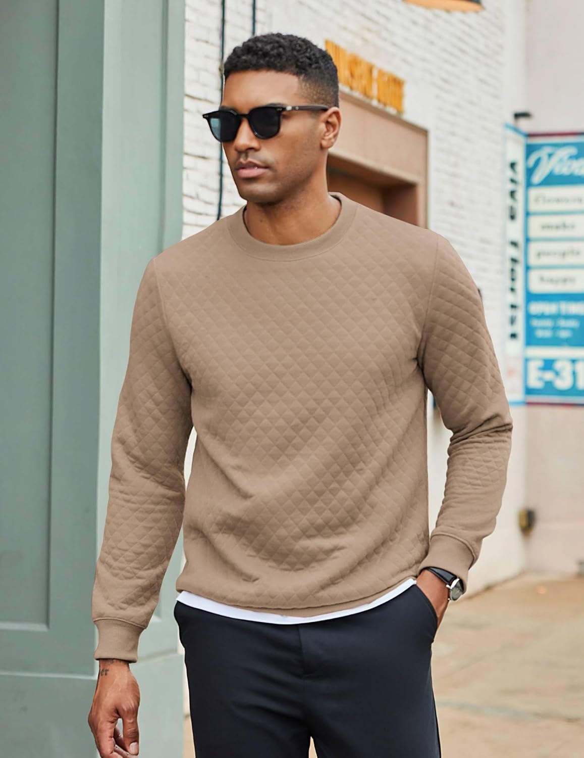 image:imageCOOFANDY Mens Crewneck Sweatshirts Long Sleeve Casual Pullovers SweatersKhaki