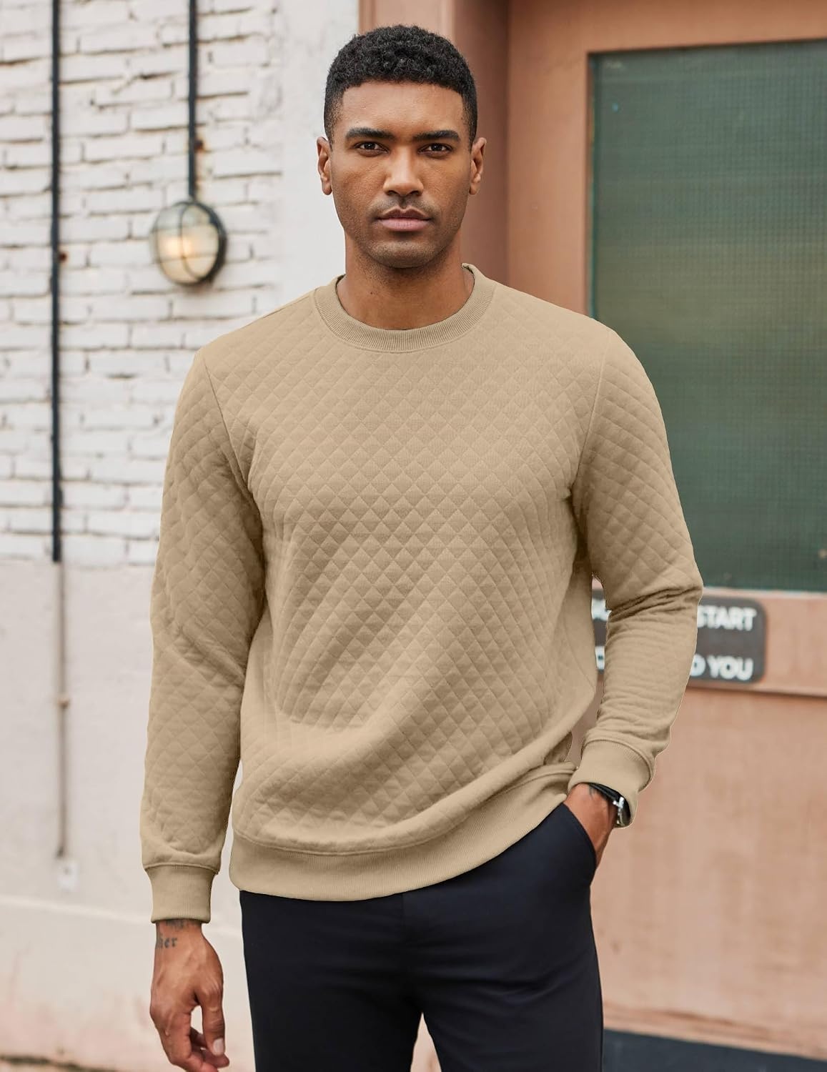 image:imageCOOFANDY Mens Crewneck Sweatshirts Long Sleeve Casual Pullovers SweatersLight Khaki