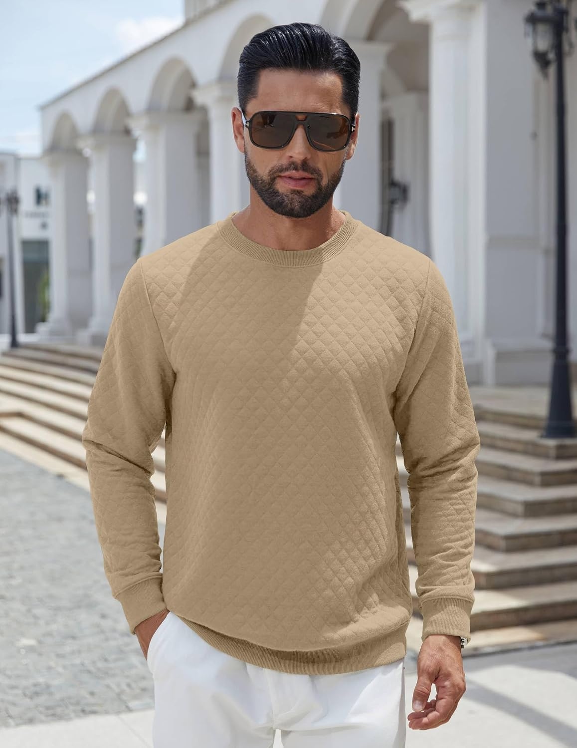 image:imageCOOFANDY Mens Crewneck Sweatshirts Long Sleeve Casual Pullovers SweatersLight Khaki