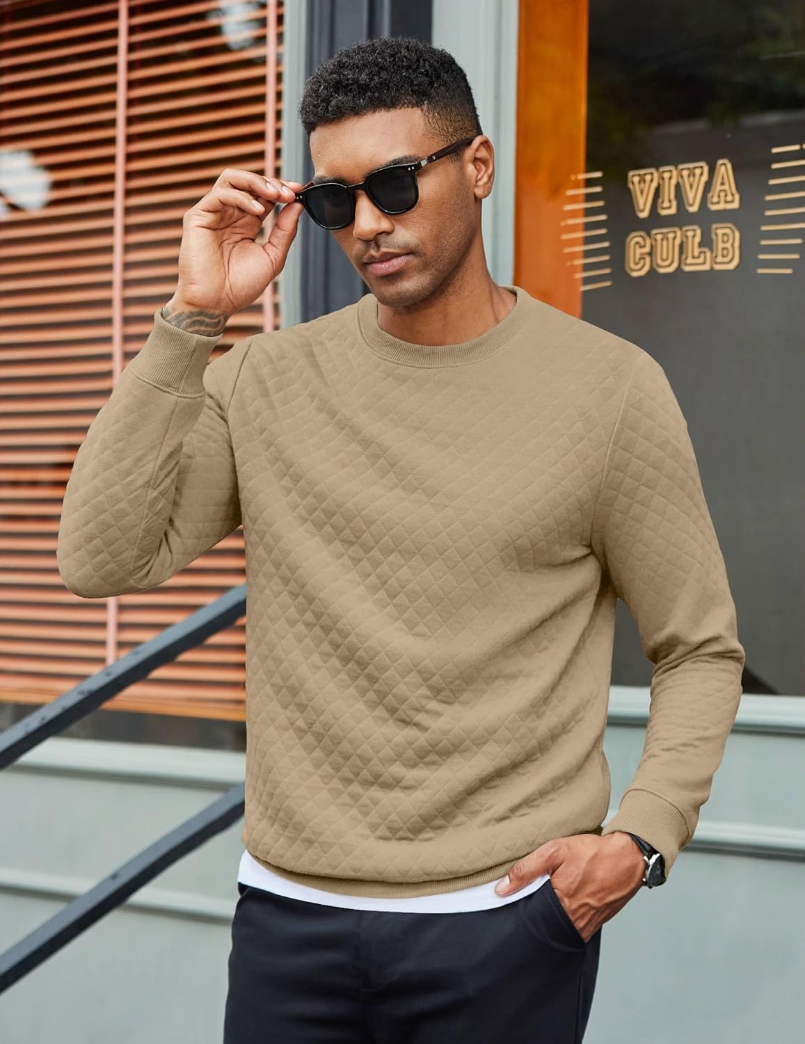 image:imageCOOFANDY Mens Crewneck Sweatshirts Long Sleeve Casual Pullovers SweatersLight Khaki