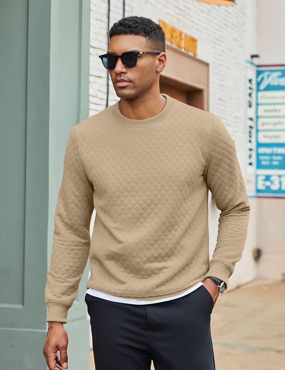 image:imageCOOFANDY Mens Crewneck Sweatshirts Long Sleeve Casual Pullovers SweatersLight Khaki