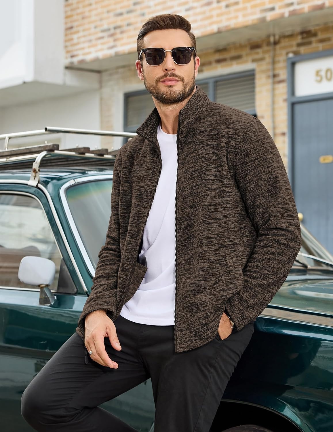 image:imageCOOFANDY Mens Fleece Jackets Full Zip Lightweight Casual Sweater JacketDark Brown