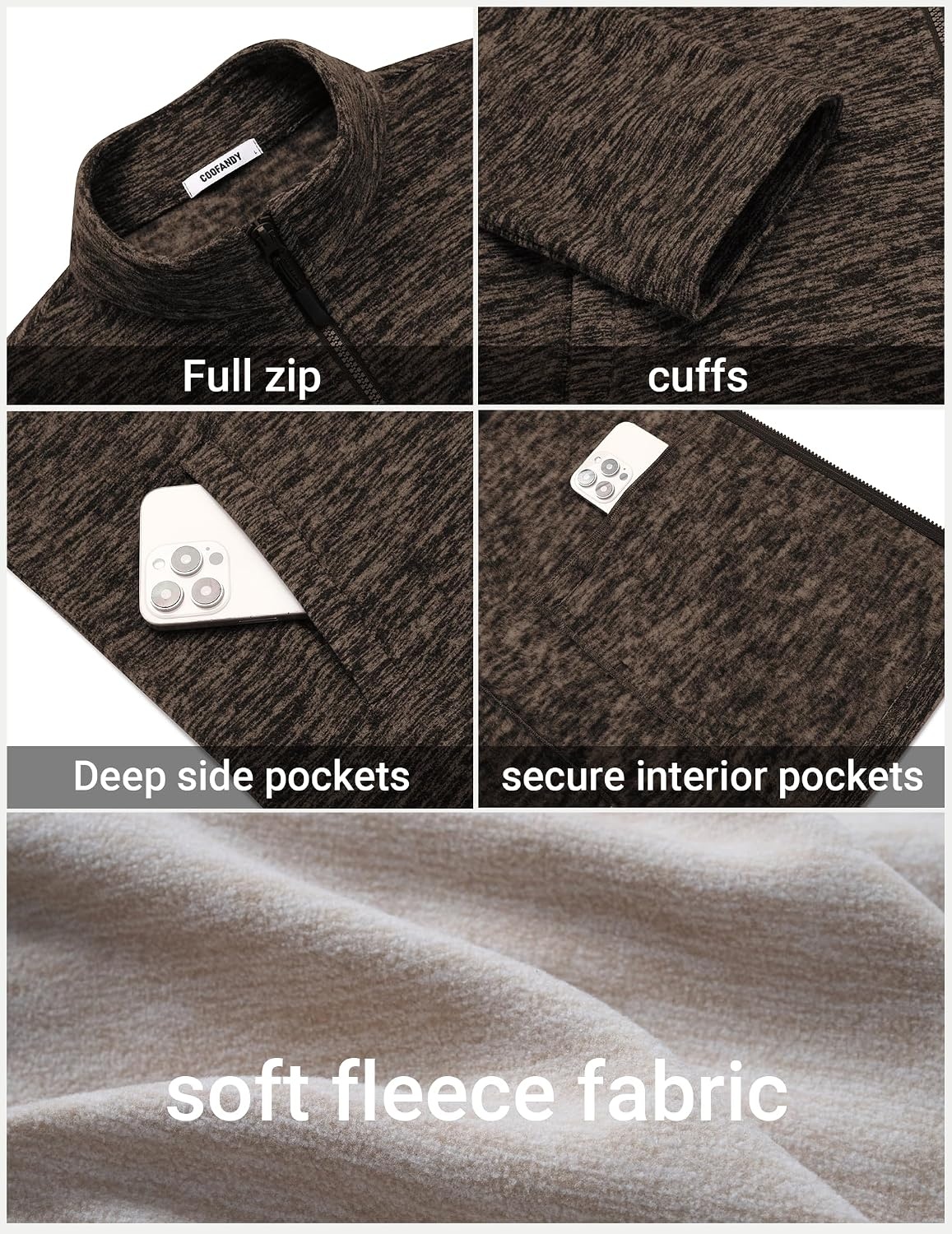 image:imageCOOFANDY Mens Fleece Jackets Full Zip Lightweight Casual Sweater JacketDark Brown