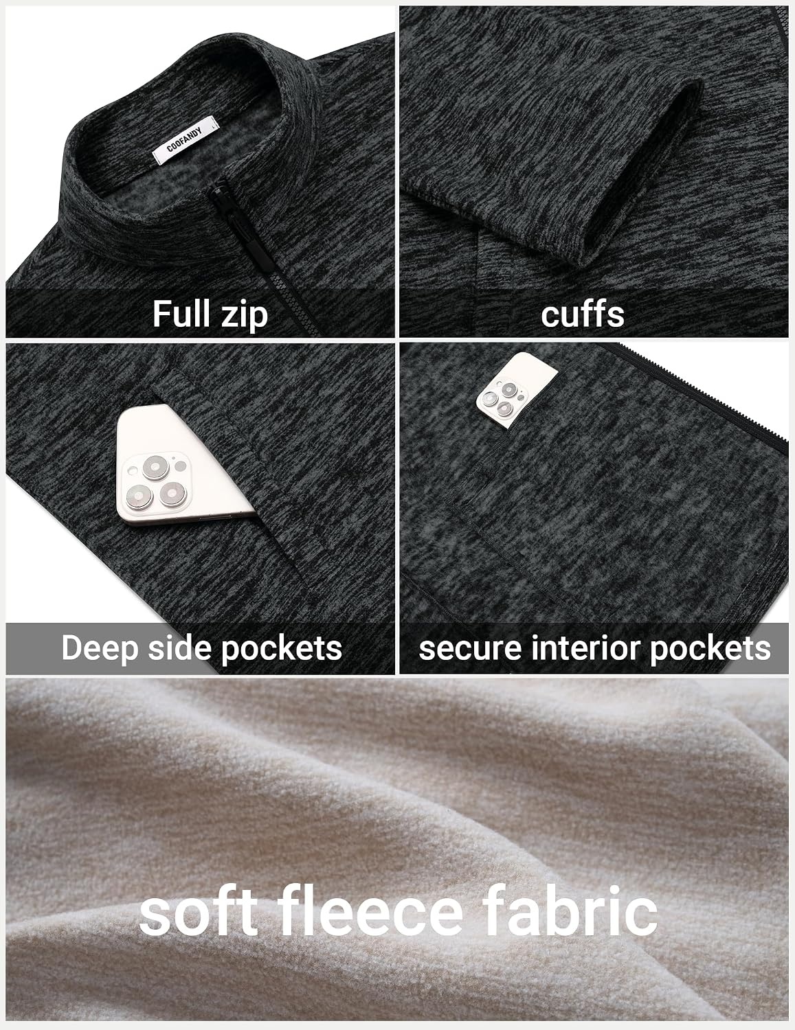 image:imageCOOFANDY Mens Fleece Jackets Full Zip Lightweight Casual Sweater JacketDark Grey