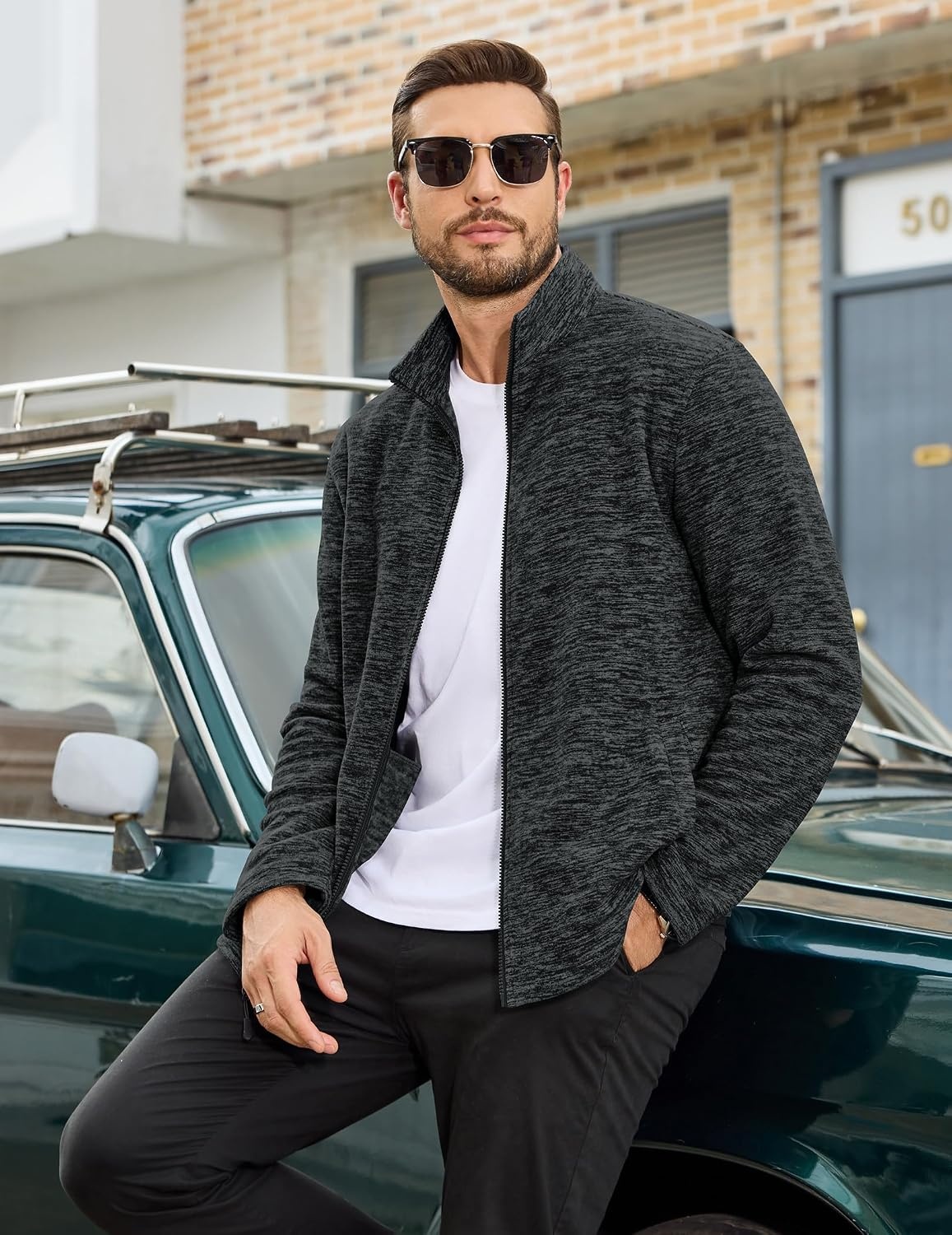 image:imageCOOFANDY Mens Fleece Jackets Full Zip Lightweight Casual Sweater JacketDark Grey