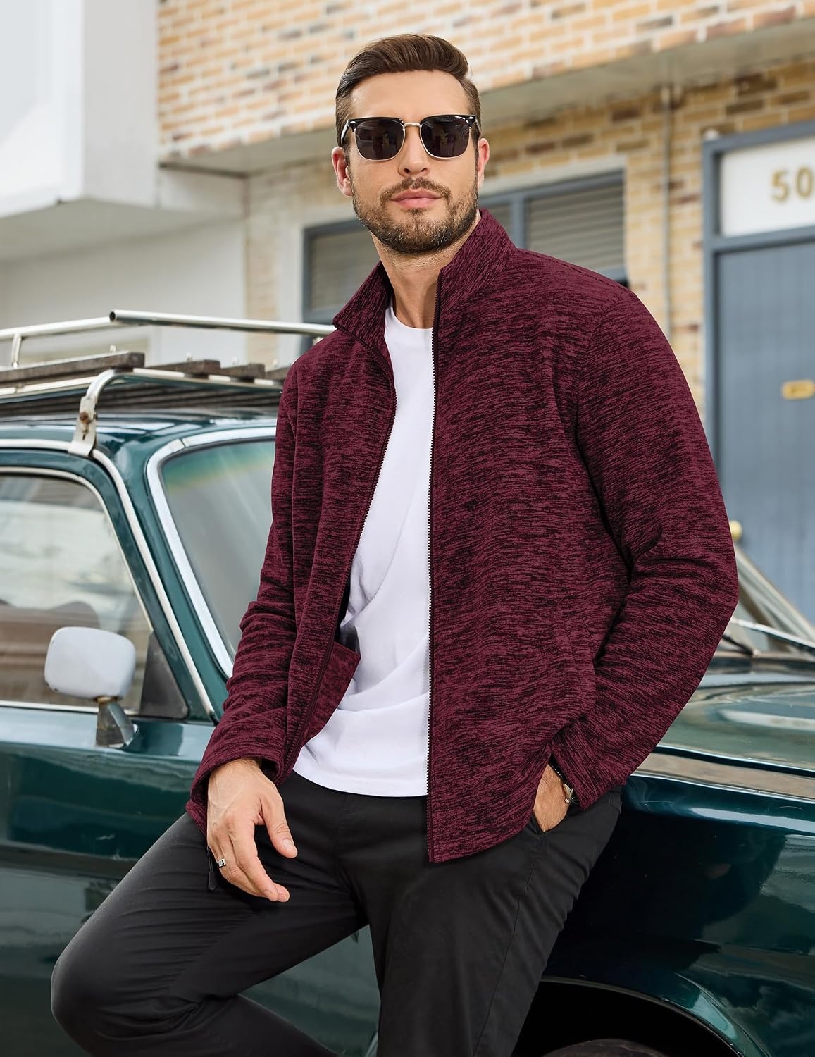 image:imageCOOFANDY Mens Fleece Jackets Full Zip Lightweight Casual Sweater JacketDark Red