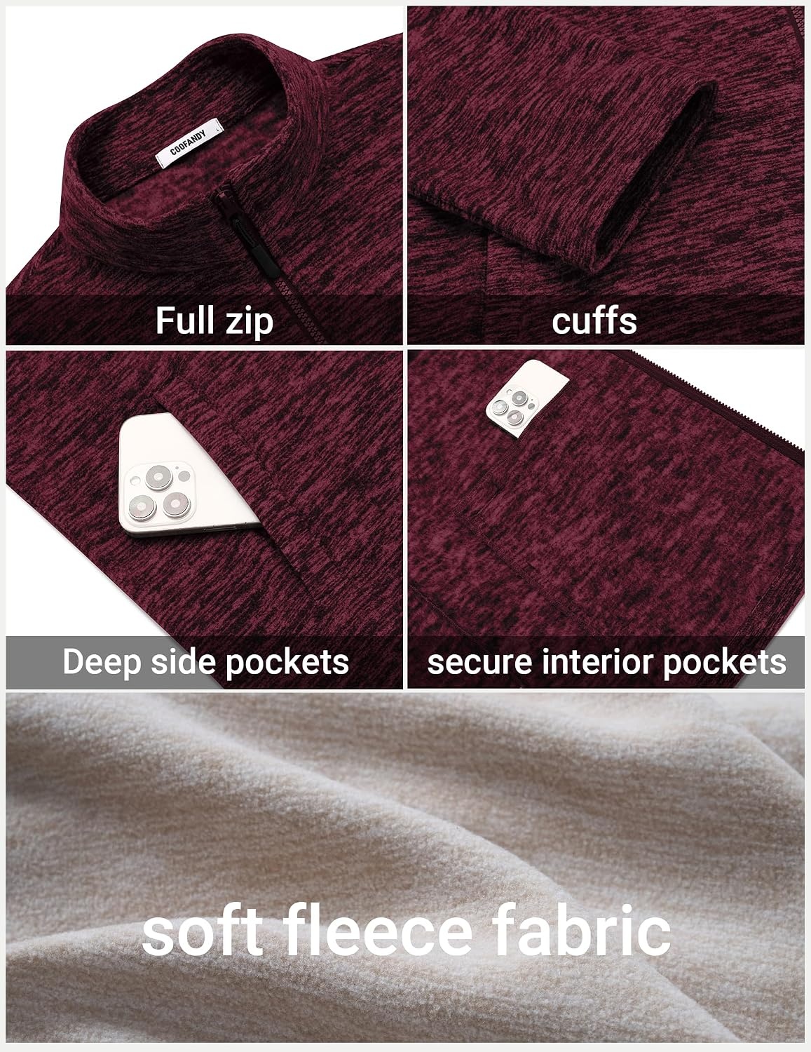 image:imageCOOFANDY Mens Fleece Jackets Full Zip Lightweight Casual Sweater JacketDark Red