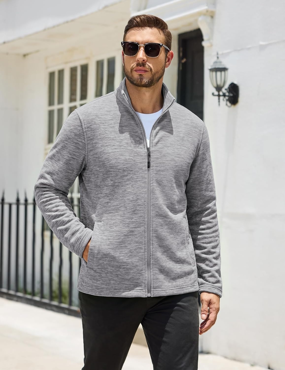 image:imageCOOFANDY Mens Fleece Jackets Full Zip Lightweight Casual Sweater JacketLgiht Grey