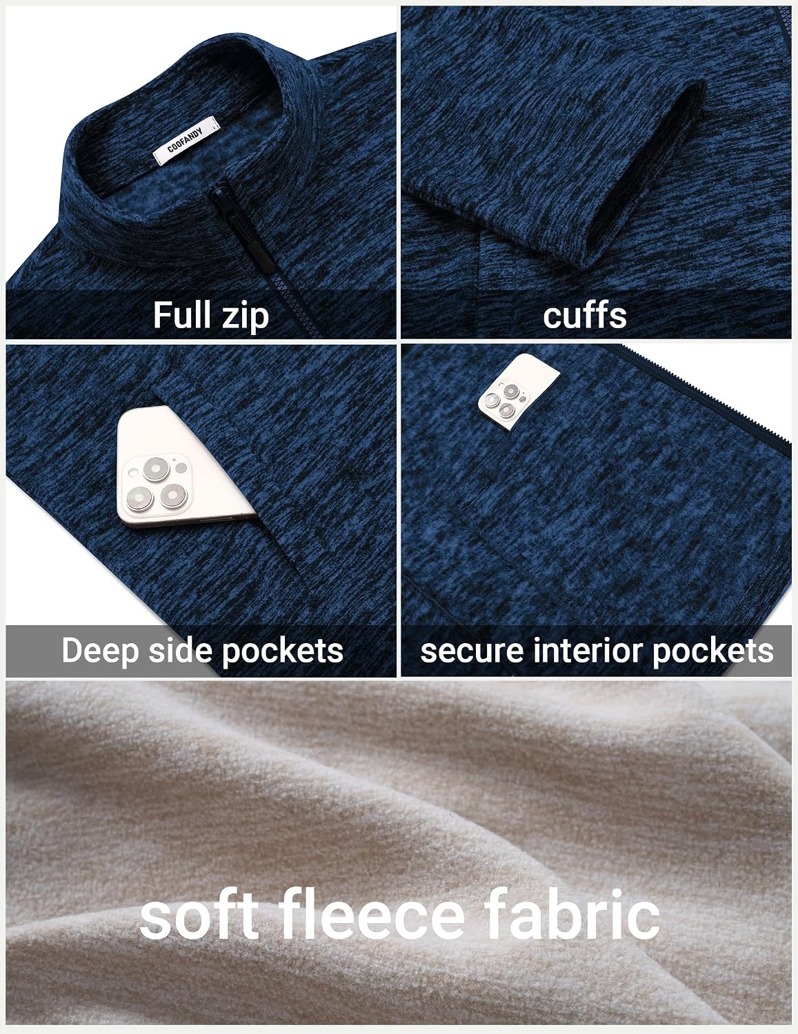 image:imageCOOFANDY Mens Fleece Jackets Full Zip Lightweight Casual Sweater JacketNavy Blue