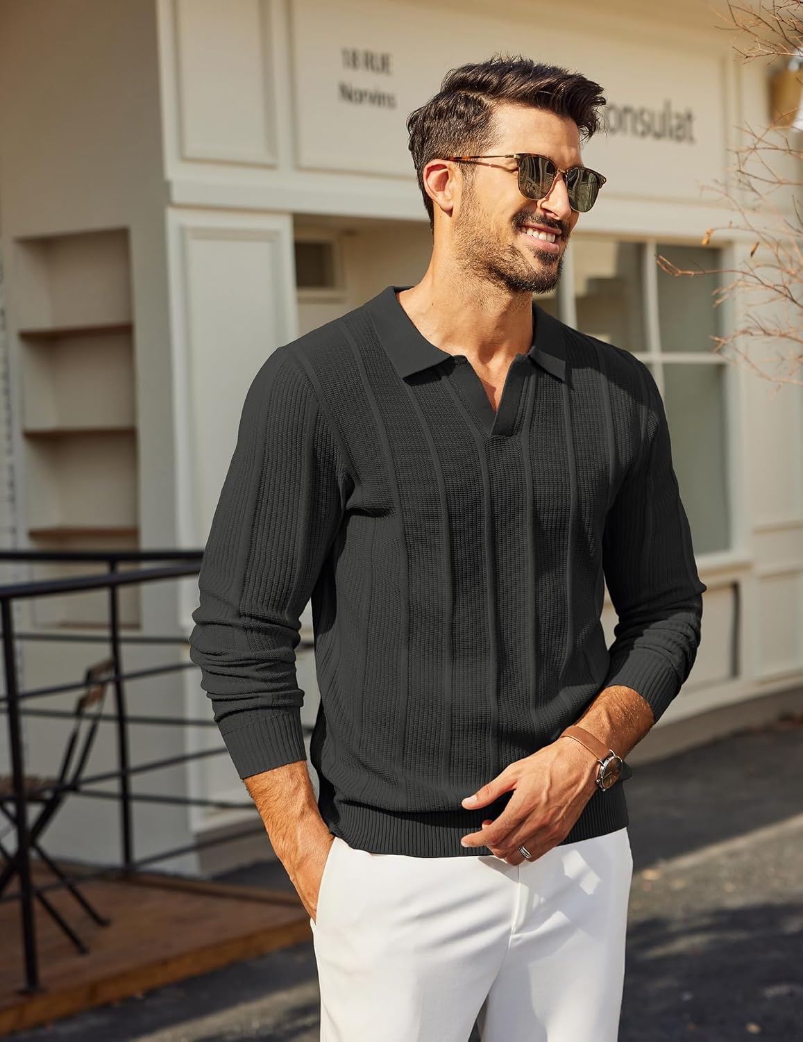 image:imageCOOFANDY Mens Knit Long Sleeve Polo Shirt Sweater VNeck Textured PulloverBlack
