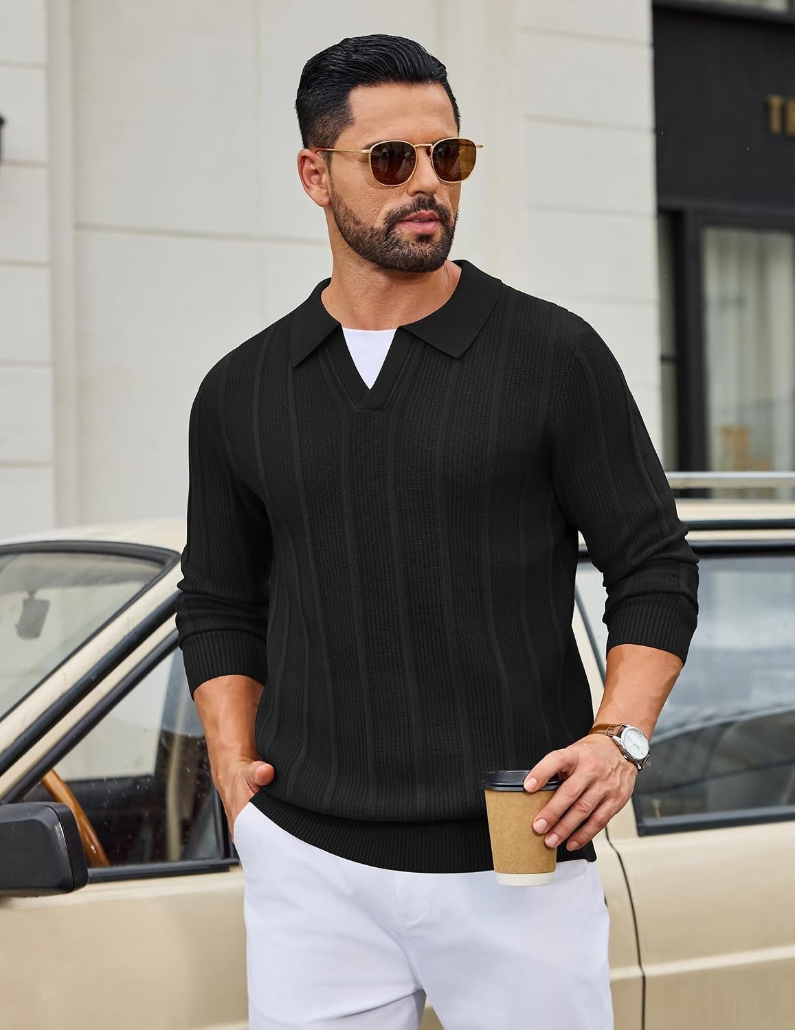 image:imageCOOFANDY Mens Knit Long Sleeve Polo Shirt Sweater VNeck Textured PulloverBlack