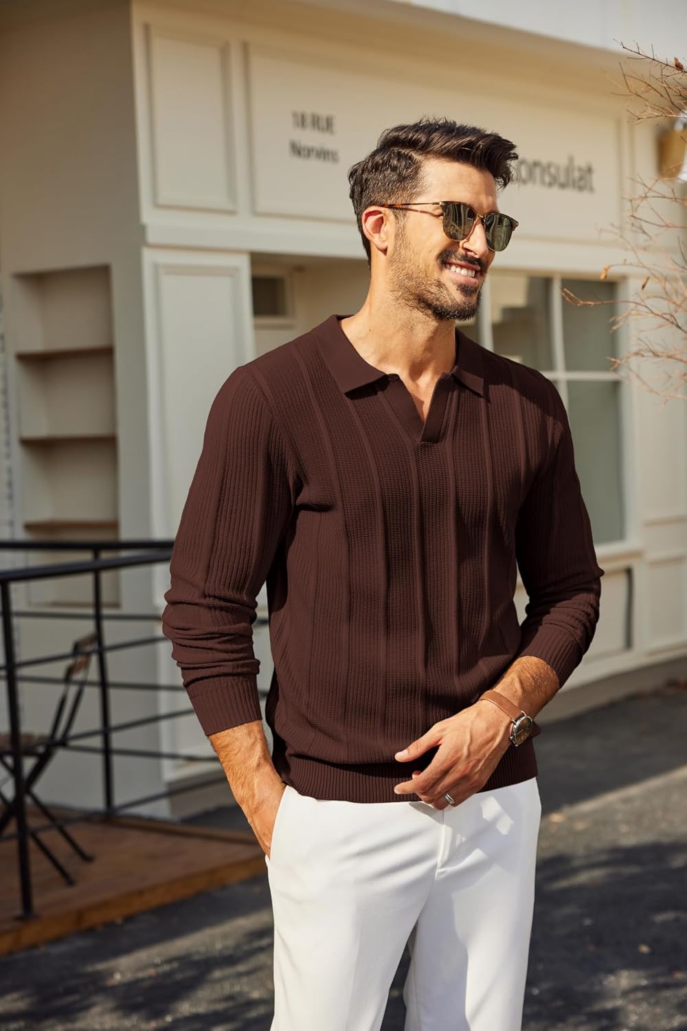 image:imageCOOFANDY Mens Knit Long Sleeve Polo Shirt Sweater VNeck Textured PulloverBrown