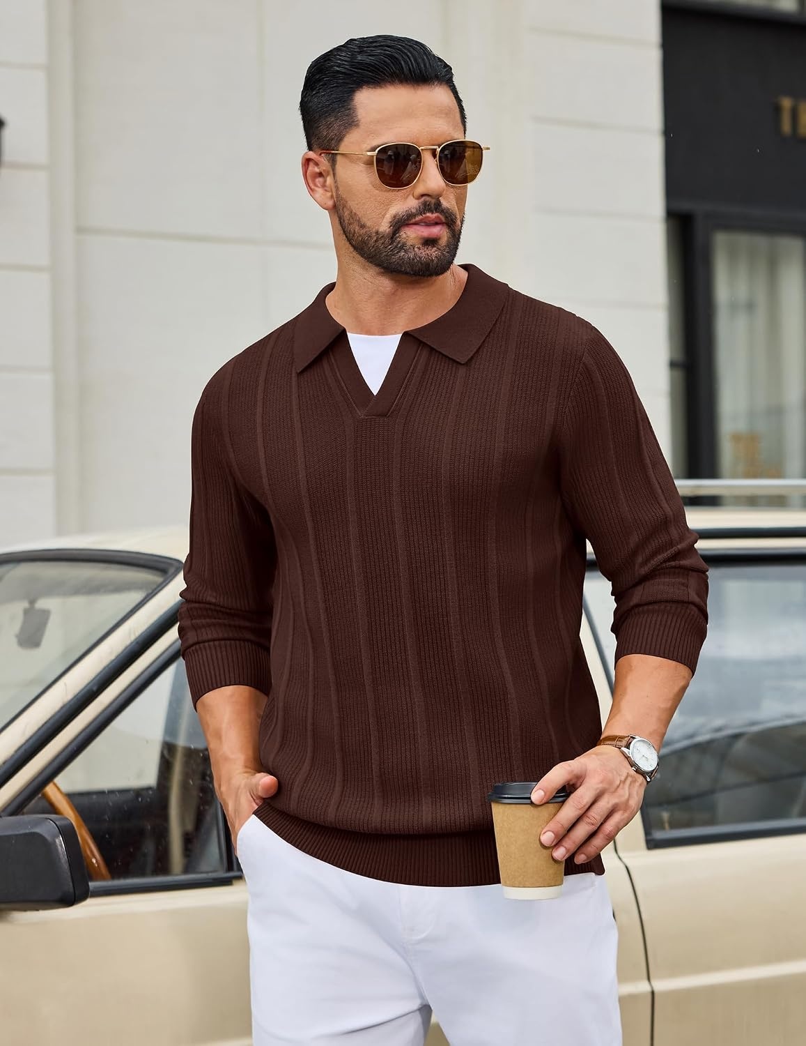 image:imageCOOFANDY Mens Knit Long Sleeve Polo Shirt Sweater VNeck Textured PulloverBrown